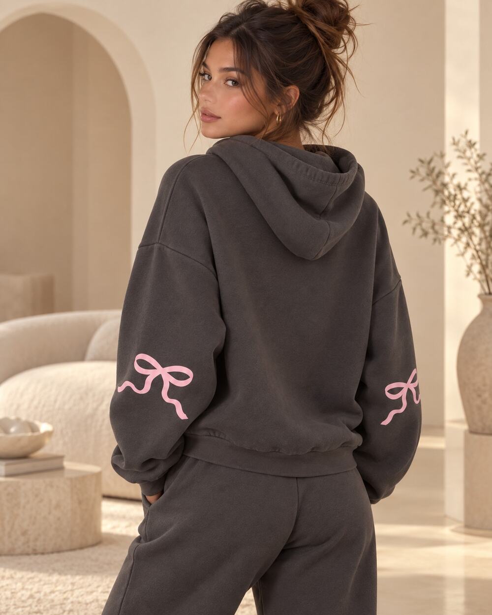 Edikted Gray Oversized Fleece Hoodie Pink Bow Sleeve Graphic Y2K Size L